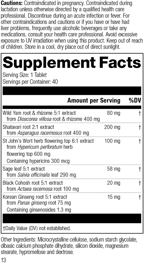 Wild Yam Complex, 40 Tablets, Rev 12 Supplement Facts